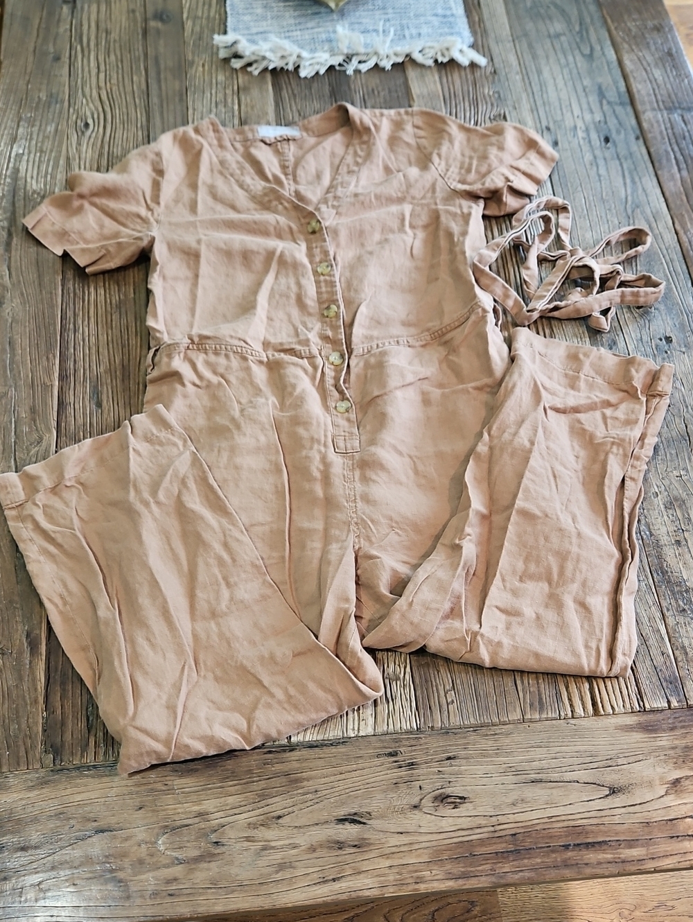 Everlane 100% Linen Camel Button Up Jumpsuit With Tie Waist Belt Size 8